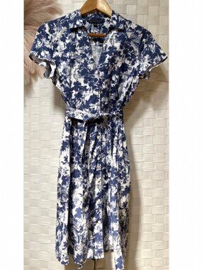 Brooks Brothers 100% Cotton Blue White Floral Tie Waist Dress Size 6